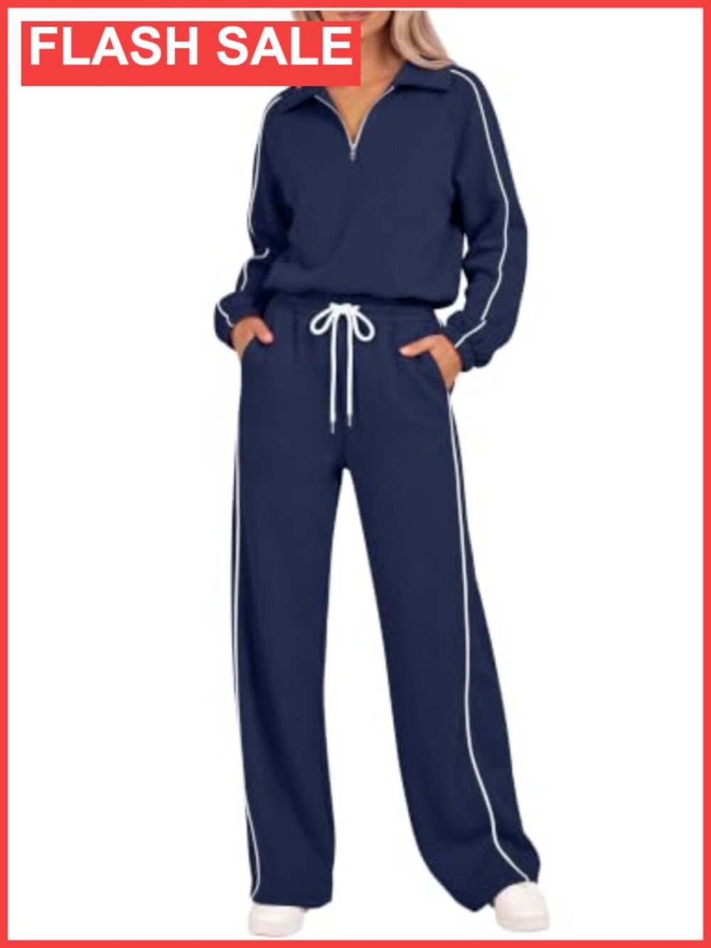 2 Piece Fleece Sweatsuit Set Quarter Zip Wide Leg Pants